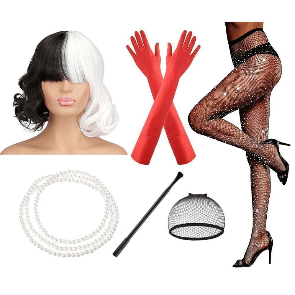🖤🤍 6PCS Halloween Bundle Cruella Cosplay Costume Party 1920s Accessories Set